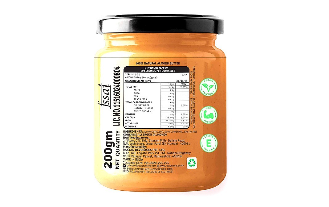 Raw Pressery Almond Butter, Salted + Roasted   Glass Jar  200 grams